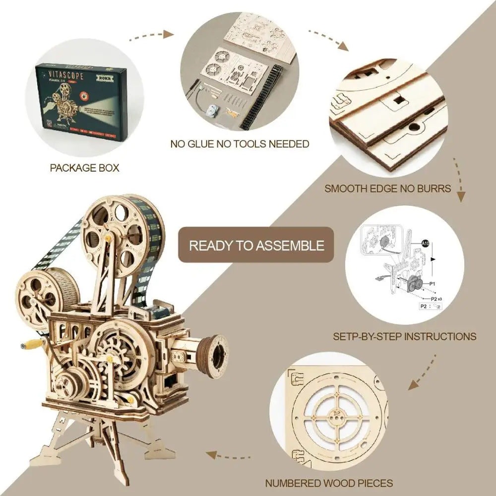 Robotime ROKR Hand Crank Film Projector Wooden Puzzle Model