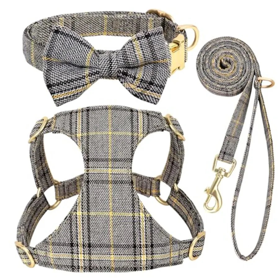 Adjustable Polyester Dog Harness Collar And Leash Set With Bowtie