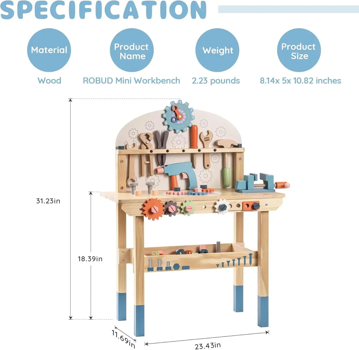 Robotime Kids Wooden Tool Bench Pretend Play Workshop Set