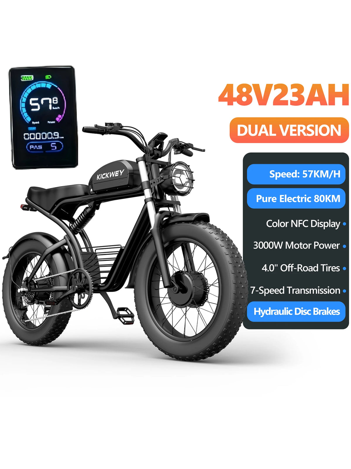 KICKWEY K7 3000W Dual Motor Electric Bike, 48V 23AH Long Range Full-Suspension Off-Road E-Bike, 7-Speed 20x4.0 Fat Tire All-Terrain Electric Bicycle for Mountain, Sand, Snow & Road