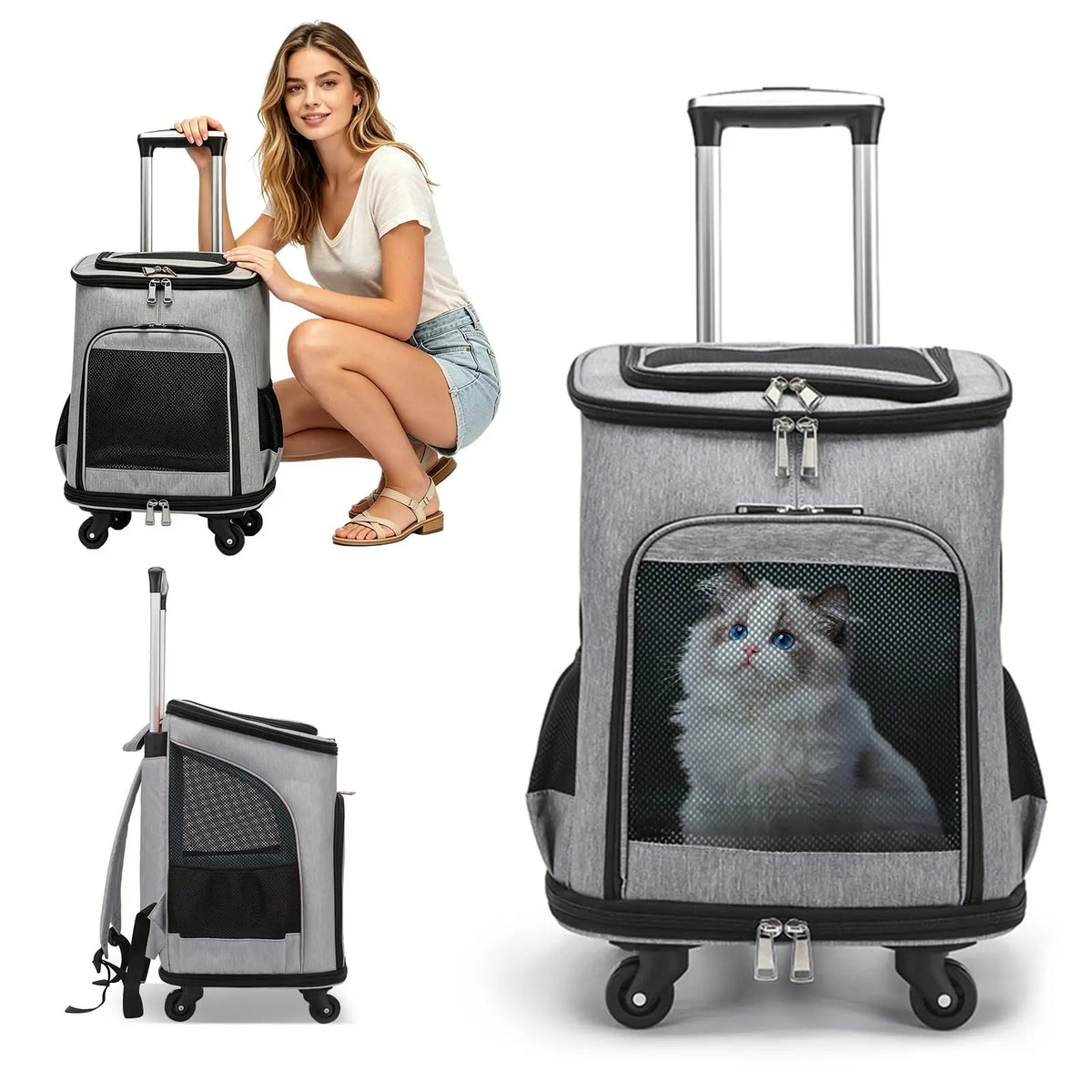 3-In-1 Wheeled Pet Carrier Backpack With Rolling Travel Convenience