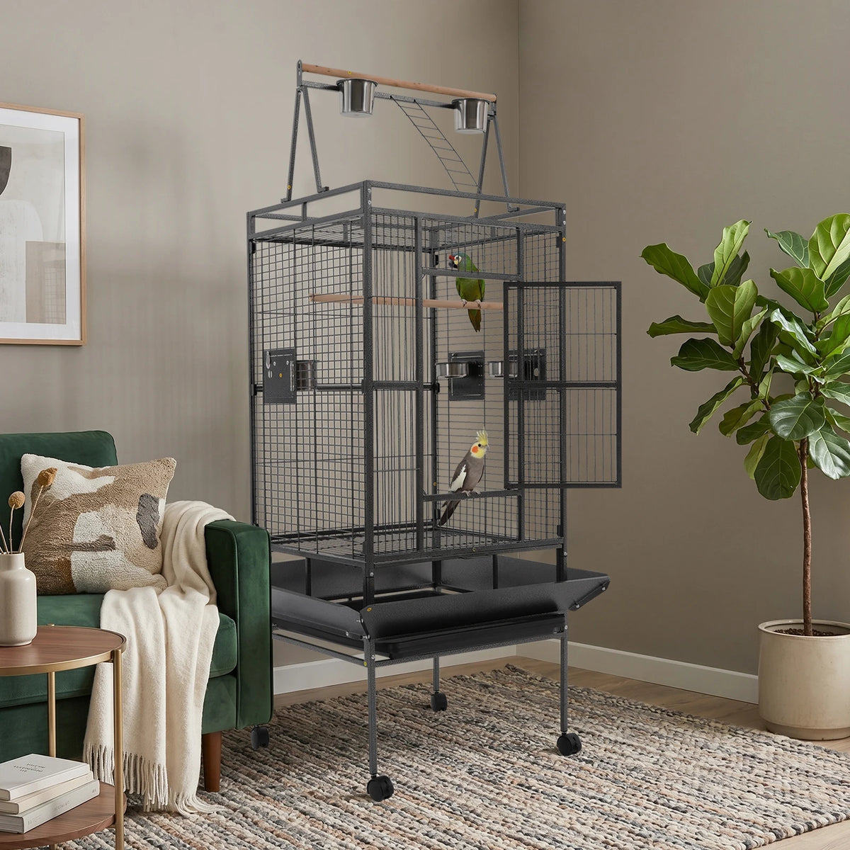 Copper Parrot Cage With Lockable Wheels And Open Playtop