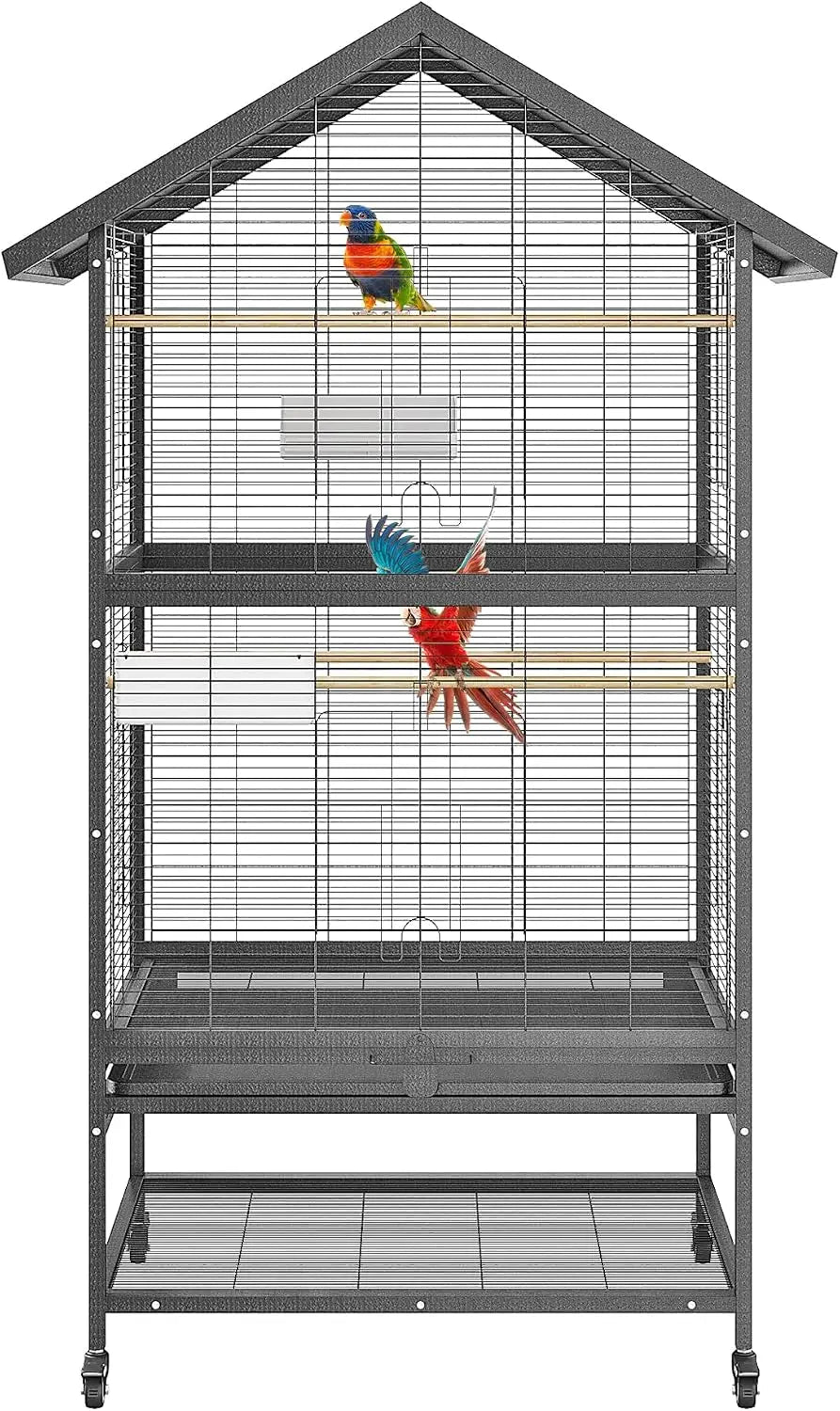 Large Wrought Iron Bird Cage With Rolling Stand And Perches