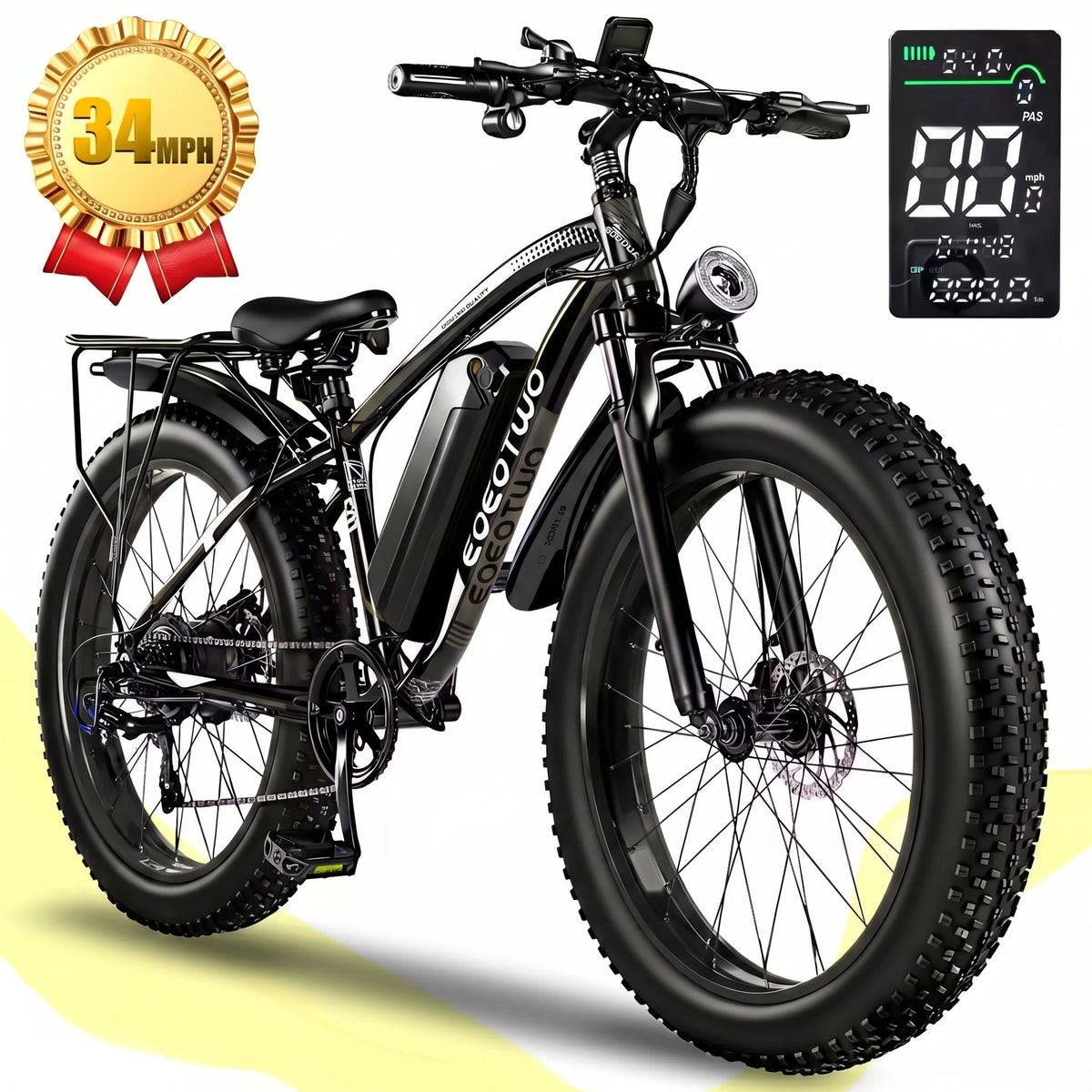 EOEOTWO Electric Bike for Adults, 26 Inch Fat Tire E-Bike, 1500W Peak, 48V 15Ah Removable Battery, 34MPH All Terrain Ebike
