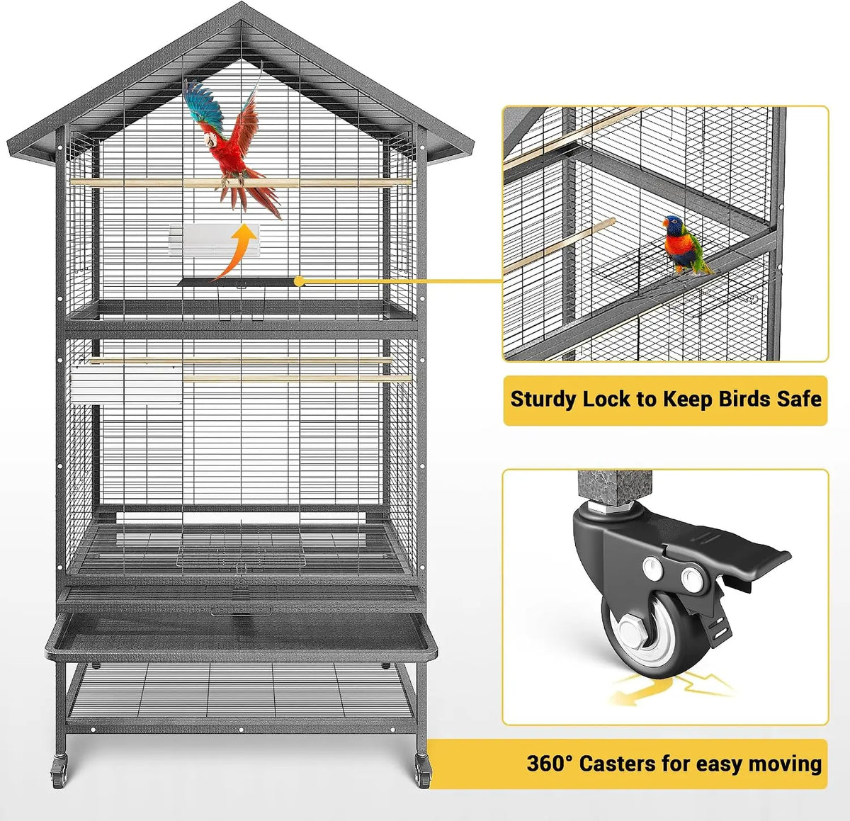 Large Wrought Iron Bird Cage With Rolling Stand And Perches