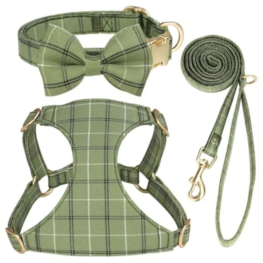 Adjustable Polyester Dog Harness Collar And Leash Set With Bowtie
