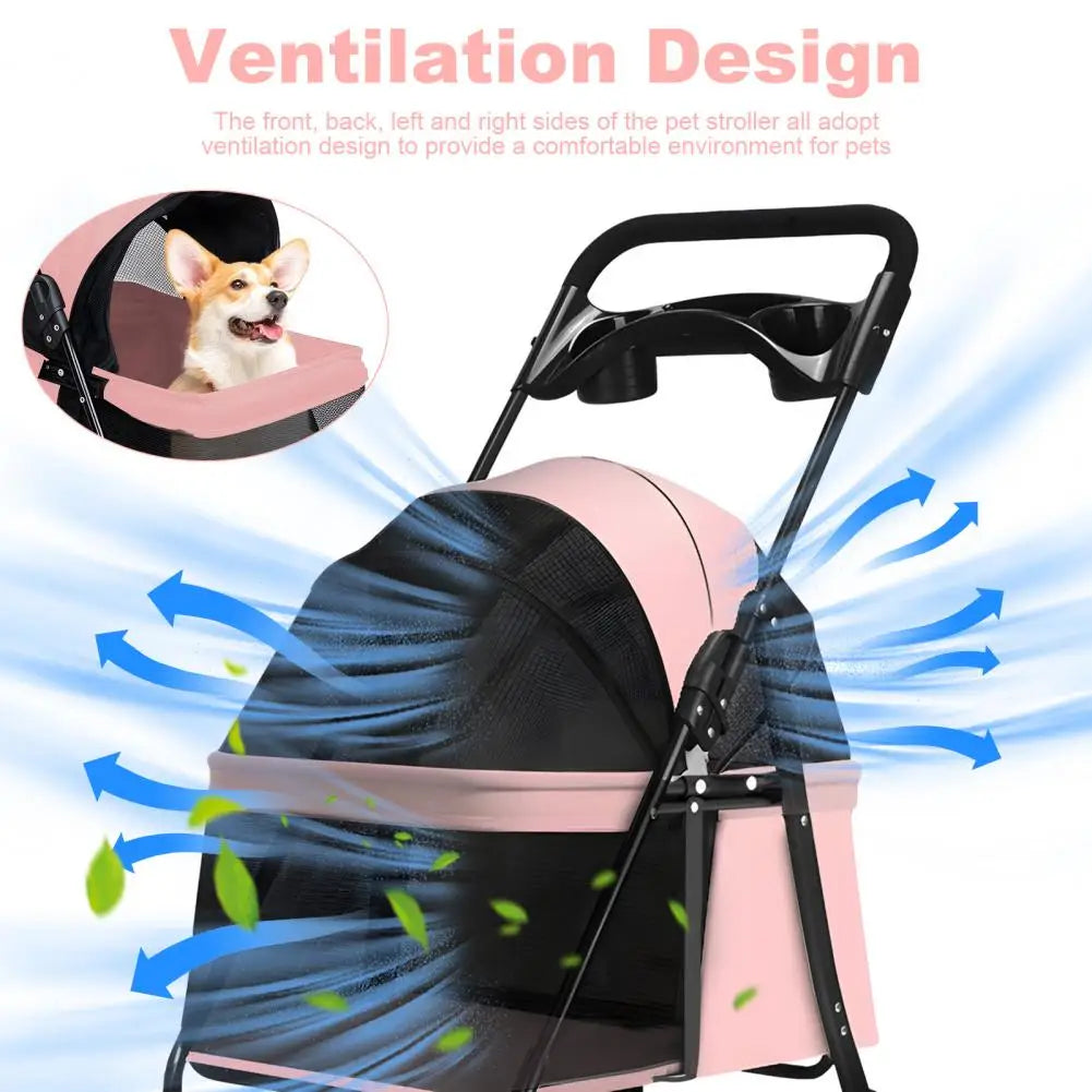 Four Wheel Folding Pet Stroller With Breathable Mesh Window