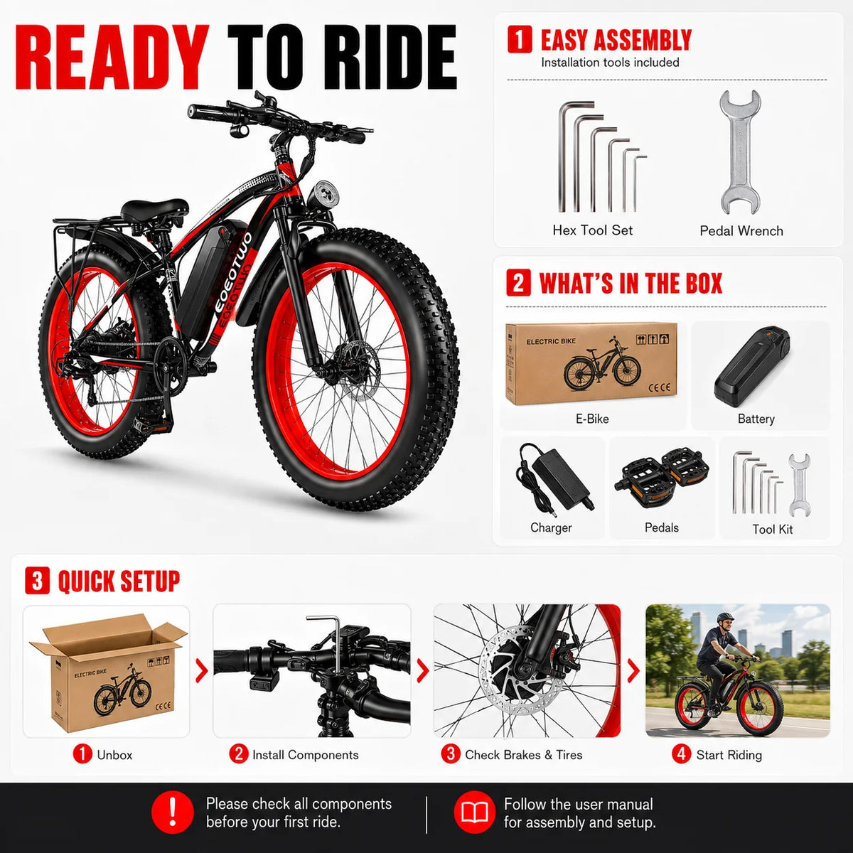 EOEOTWO Electric Bike for Adults, 26 Inch Fat Tire E-Bike, 1500W Peak, 48V 15Ah Removable Battery, 34MPH All Terrain Ebike