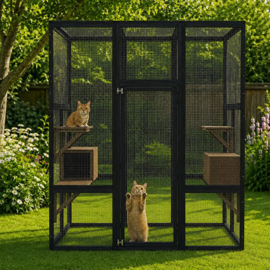 HiMISS Wooden Outdoor Catio Cat Enclosure With Weatherproof Roof