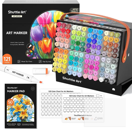 Shuttle Art 121 Colors Alcohol Markers, 120 Colors Dual Tip Art Marker Set Plus 1 Colorless Blender with Marker Case Perfect for Illustration Students Adult Coloring Sketching