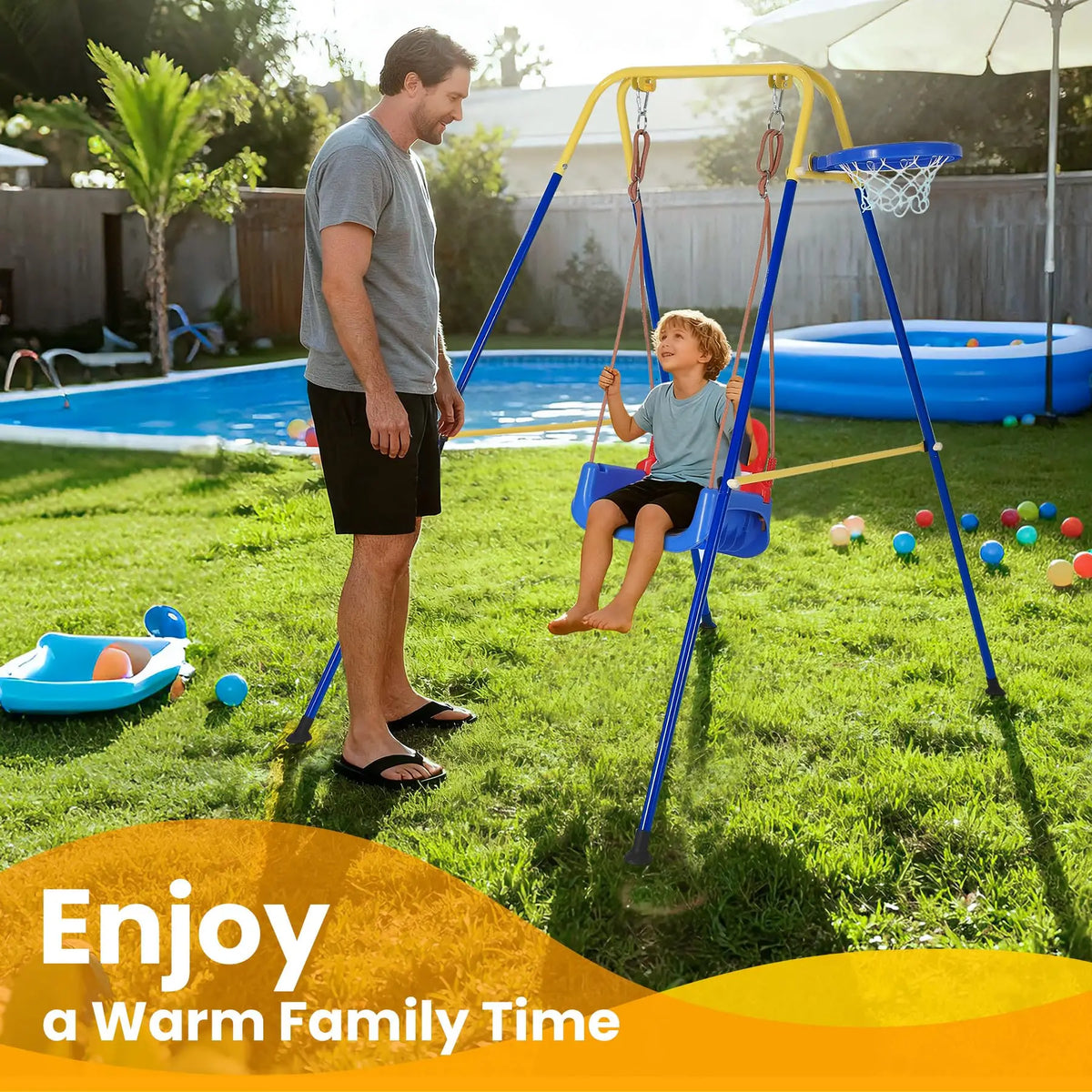 4 In 1 Toddler Swing Set With Basketball Hoop, Foldable Baby Swing With Safety Belt For Indoor Outdoor Backyard Kids Play Fun