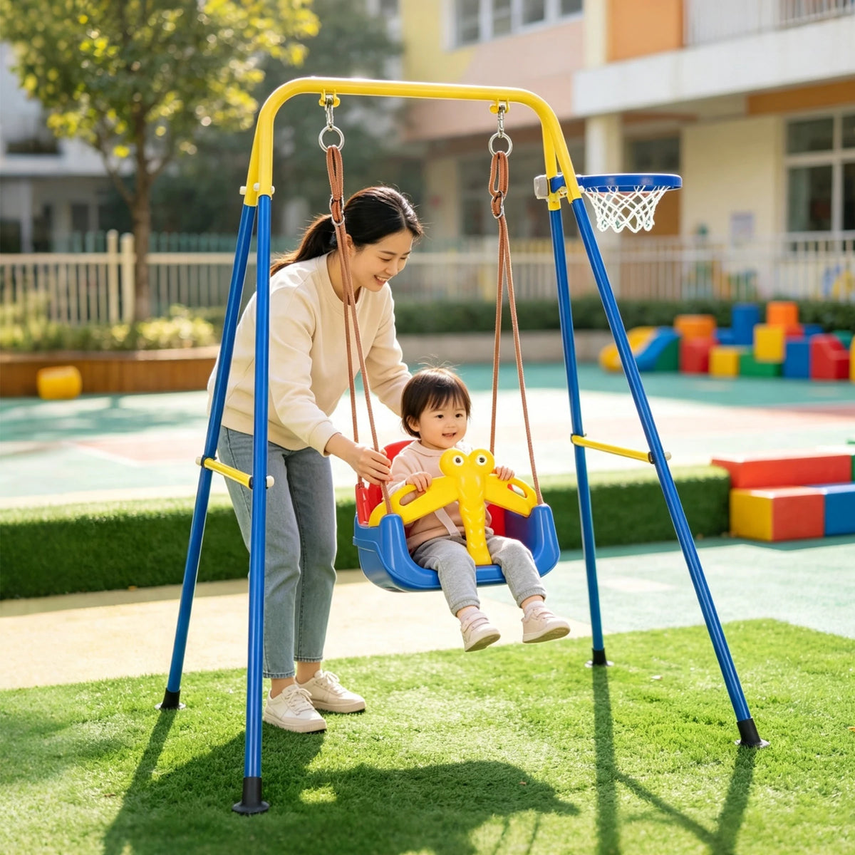 4 In 1 Toddler Swing Set With Basketball Hoop, Foldable Baby Swing With Safety Belt For Indoor Outdoor Backyard Kids Play Fun