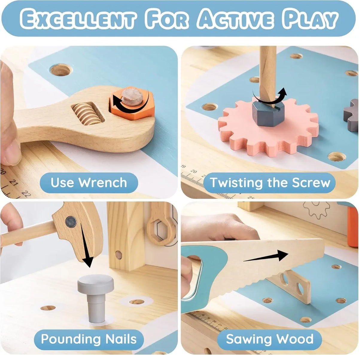 Robotime Kids Wooden Tool Bench Pretend Play Workshop Set