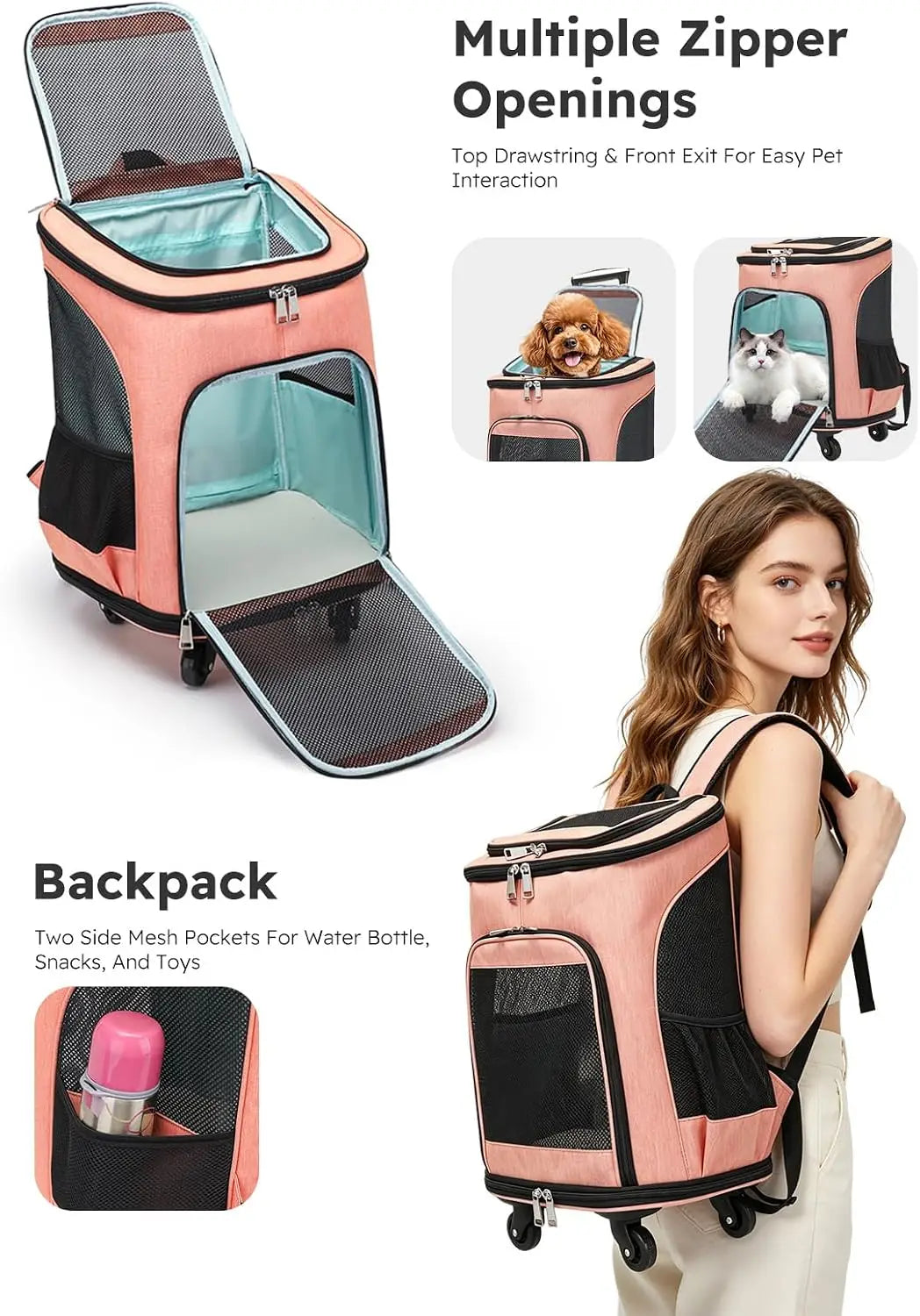 3-In-1 Wheeled Pet Carrier Backpack With Rolling Travel Convenience