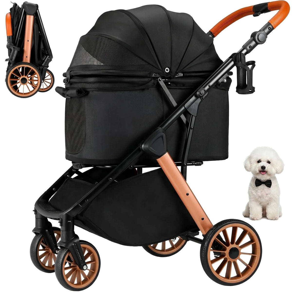 Foldable Pet Stroller for Dogs and Cats with Sun Shade