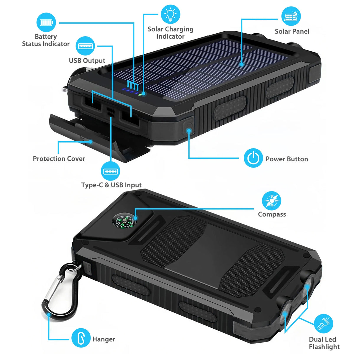 30000mAh Solar Power Bank with Flashlight Digital Display Fast Charger