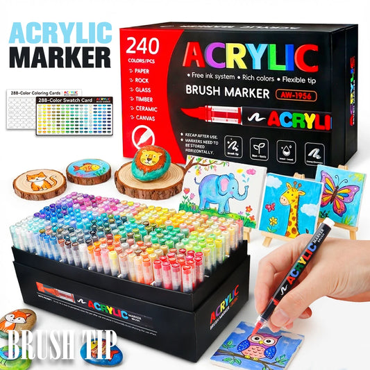 240/288 Colors Acrylic Brush Marker Pen Set Free‑ink Soft Tip Waterproof Paint Markers for Stone Timber Ceramic Glass Canvas DIY Art Craft Graffiti Drawing