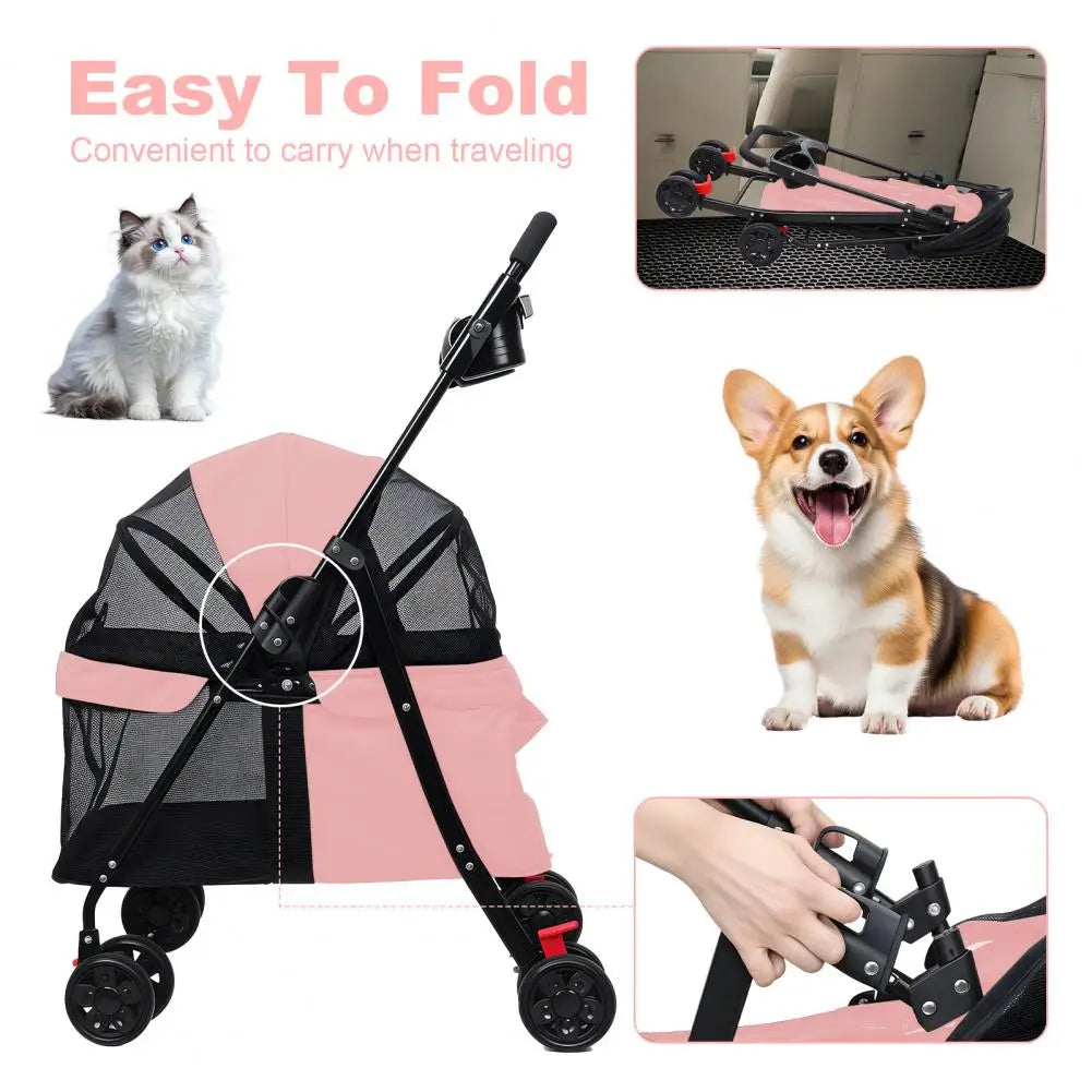 Four Wheel Folding Pet Stroller With Breathable Mesh Window