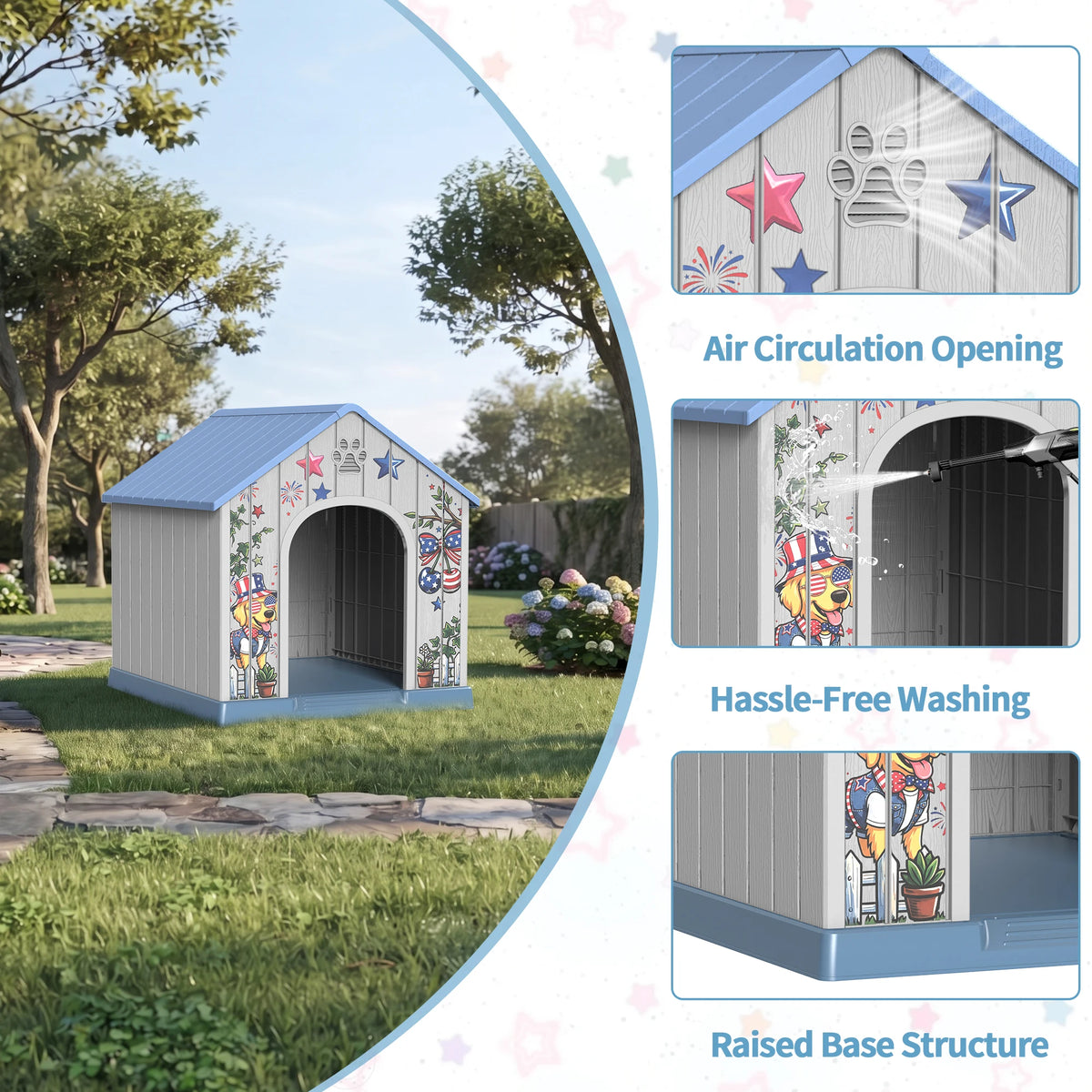 Weatherproof Plastic Outdoor Dog House With Pattern Door