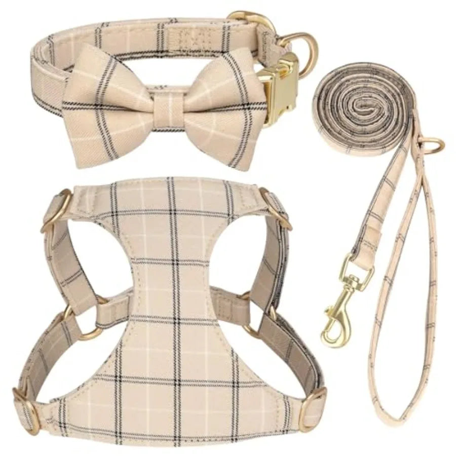 Adjustable Polyester Dog Harness Collar And Leash Set With Bowtie