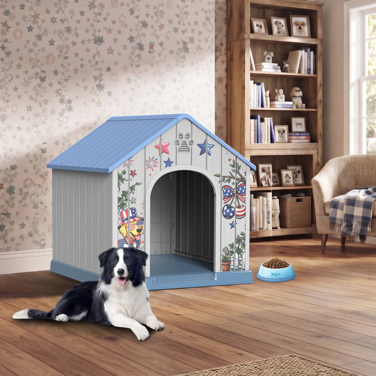 Weatherproof Plastic Outdoor Dog House With Pattern Door