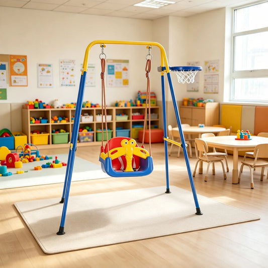 4 In 1 Toddler Swing Set With Basketball Hoop, Foldable Baby Swing With Safety Belt For Indoor Outdoor Backyard Kids Play Fun