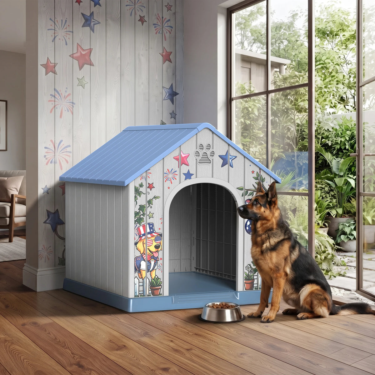 Weatherproof Plastic Outdoor Dog House With Pattern Door