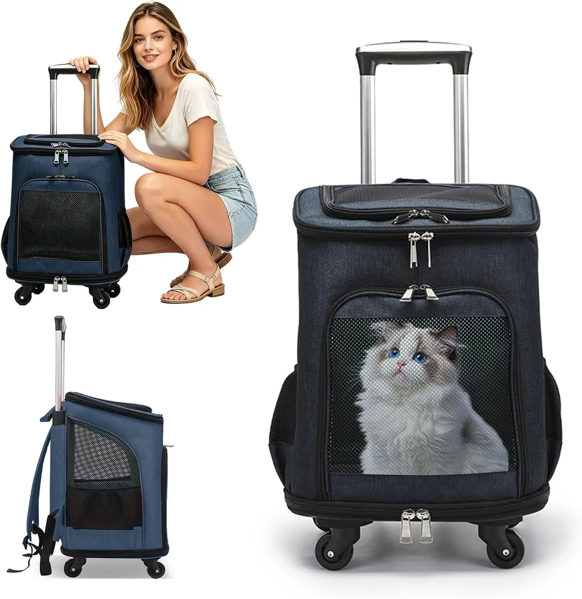 3-In-1 Wheeled Pet Carrier Backpack With Rolling Travel Convenience