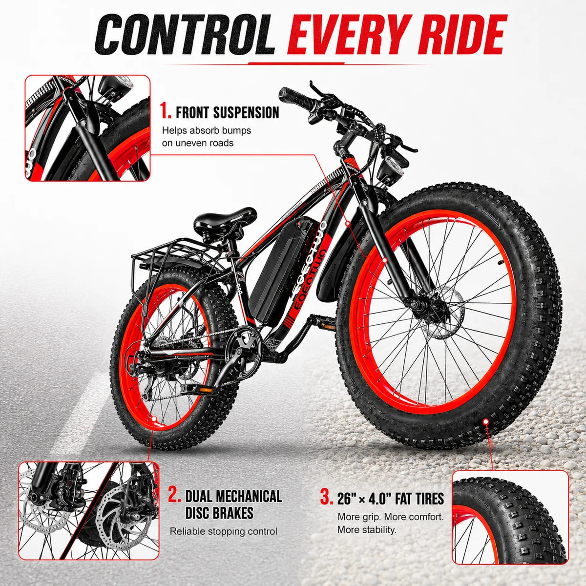 EOEOTWO Electric Bike for Adults, 26 Inch Fat Tire E-Bike, 1500W Peak, 48V 15Ah Removable Battery, 34MPH All Terrain Ebike