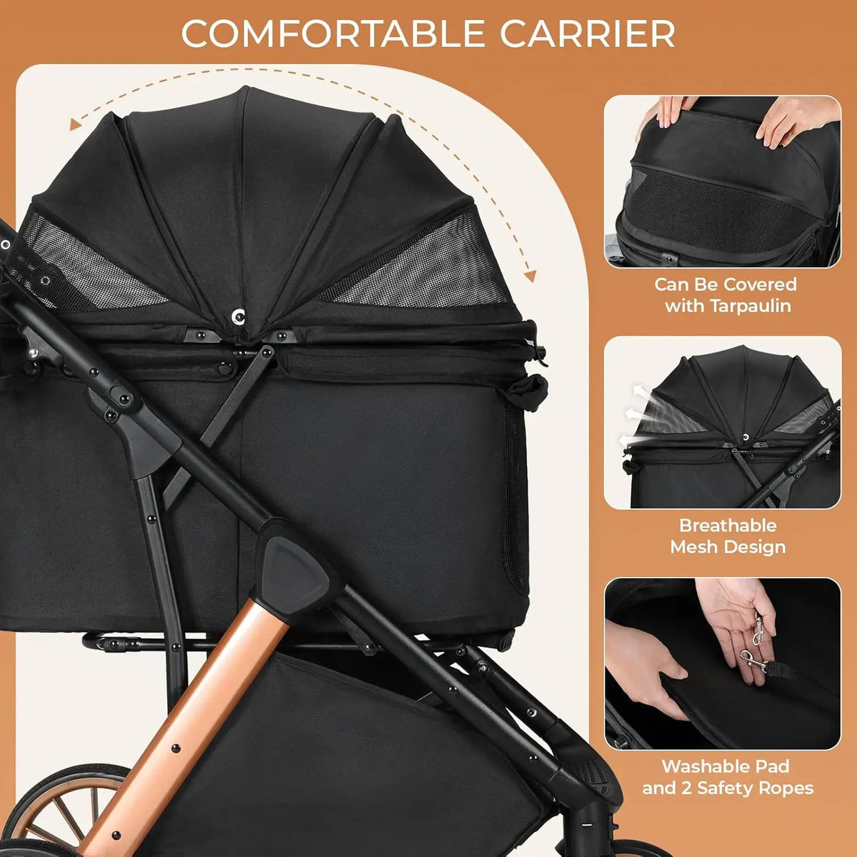 Foldable Pet Stroller for Dogs and Cats with Sun Shade