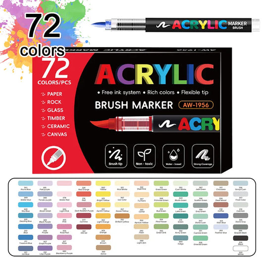 72 Pcs Acrylic Paint Brush Markers Premium Style Free‑ink System Rich Pigment Permanent Markers for Hobbyists Multi‑Surface Drawing Craft Decoration Supplies