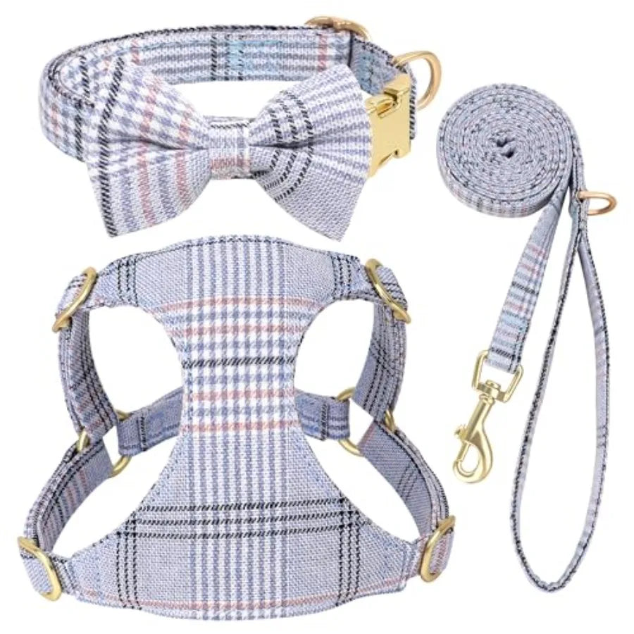 Adjustable Polyester Dog Harness Collar And Leash Set With Bowtie