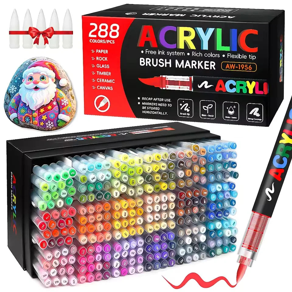 Acrylic Brush Marker Pen Set Free‑ink System Soft Flexible Tip Paint Markers for Rock Ceramic Glass Wood Canvas DIY Art Graffiti Drawing Craft Supplies