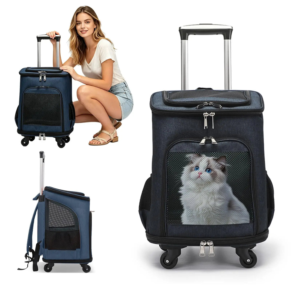 3-In-1 Wheeled Pet Carrier Backpack With Rolling Travel Convenience