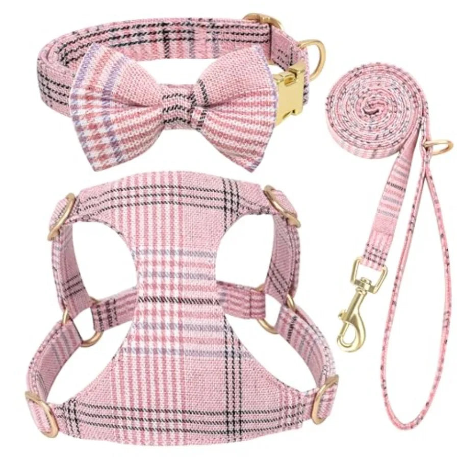 Adjustable Polyester Dog Harness Collar And Leash Set With Bowtie