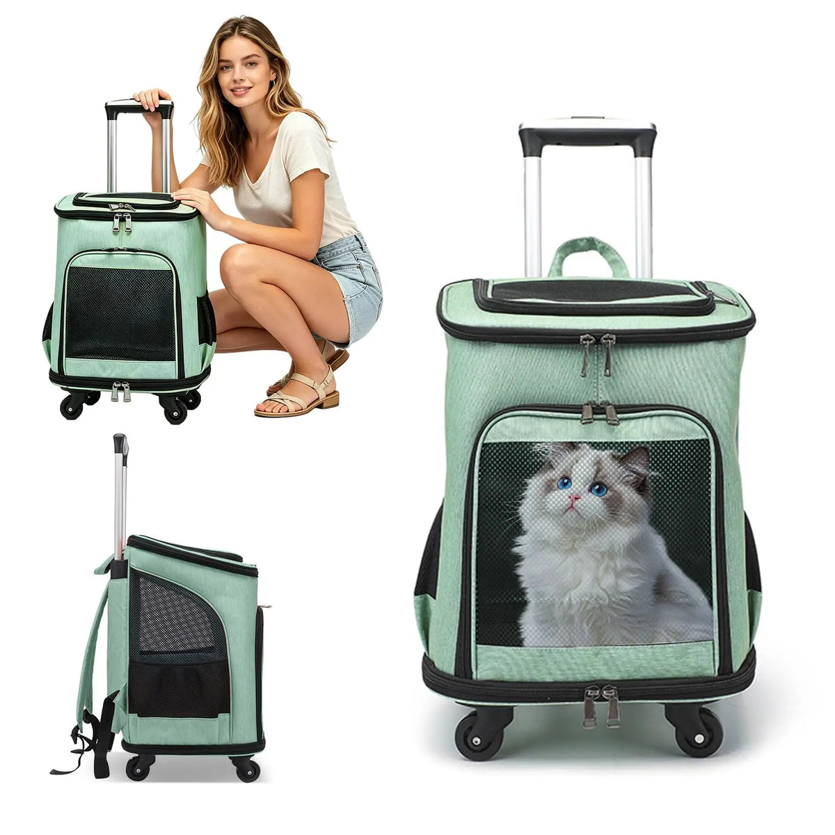 3-In-1 Wheeled Pet Carrier Backpack With Rolling Travel Convenience