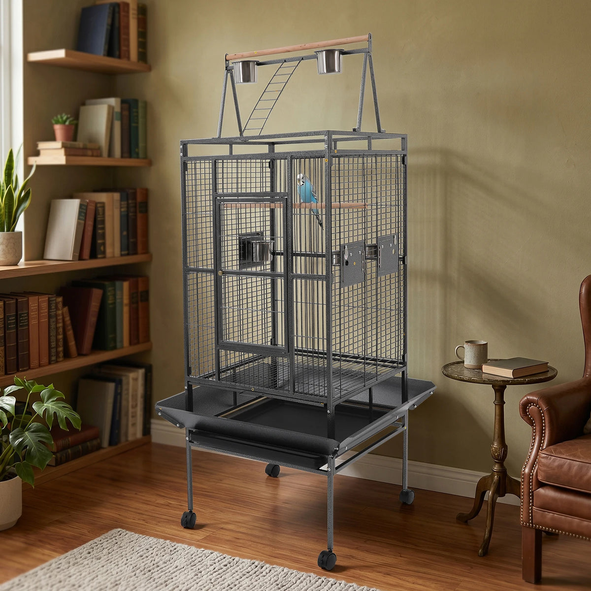 Copper Parrot Cage With Lockable Wheels And Open Playtop