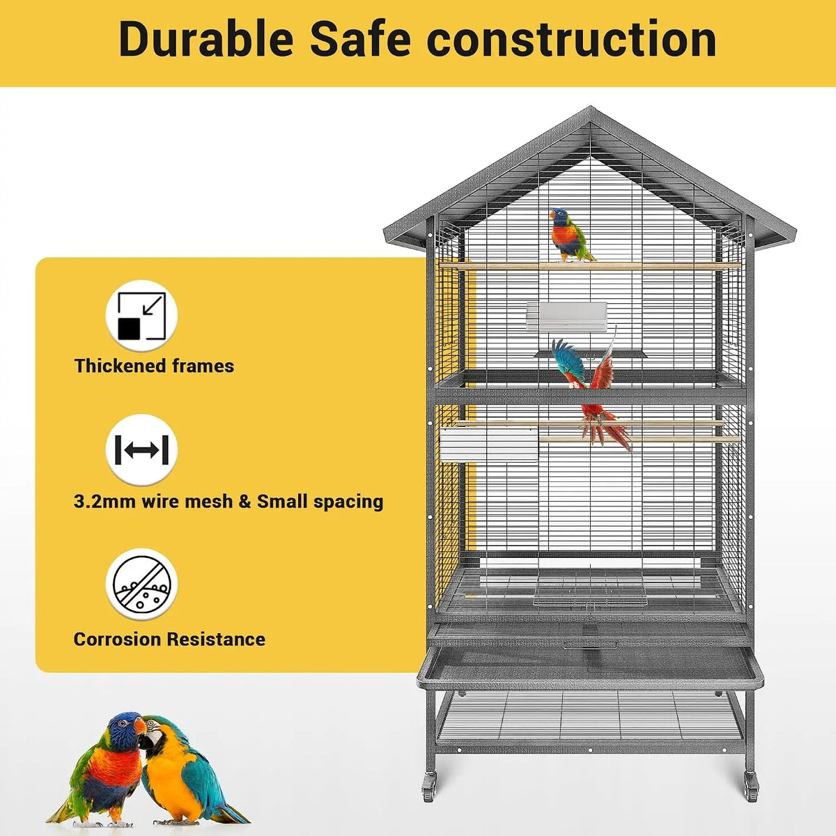 Large Wrought Iron Bird Cage With Rolling Stand And Perches
