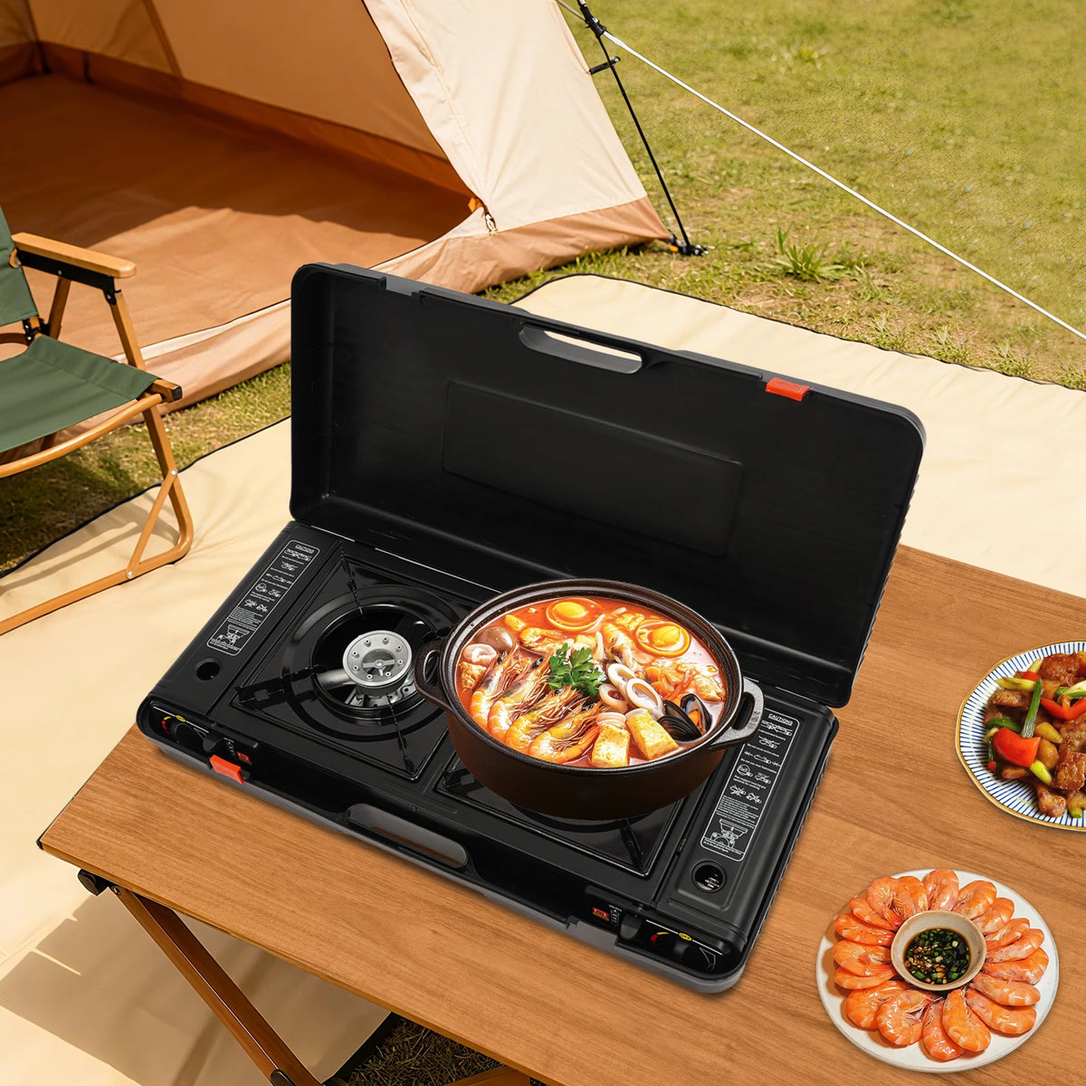 Portable Dual Burner Butane Stove With Auto Ignition Carry Case