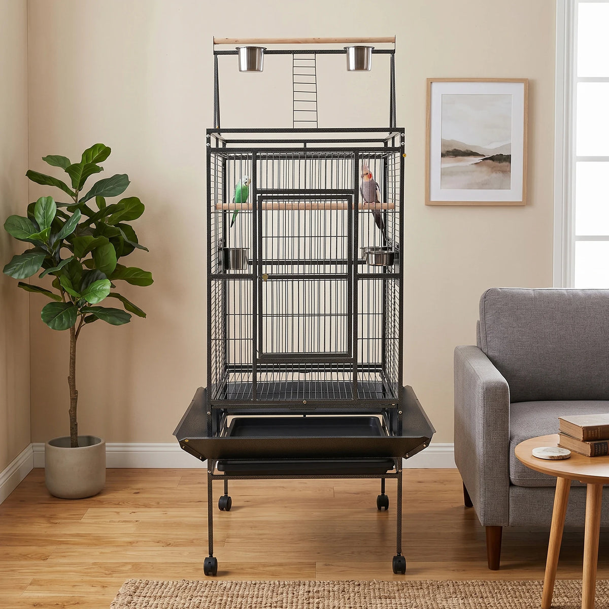Copper Parrot Cage With Lockable Wheels And Open Playtop