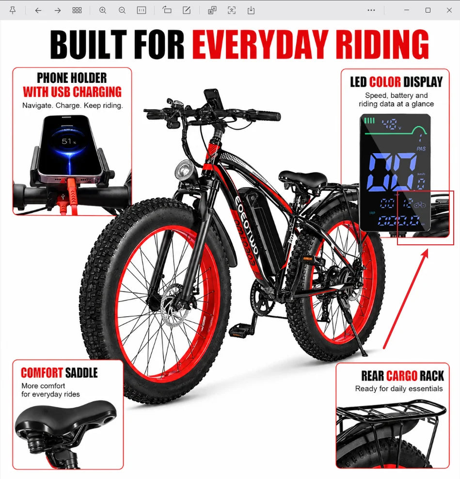 EOEOTWO Electric Bike for Adults, 26 Inch Fat Tire E-Bike, 1500W Peak, 48V 15Ah Removable Battery, 34MPH All Terrain Ebike