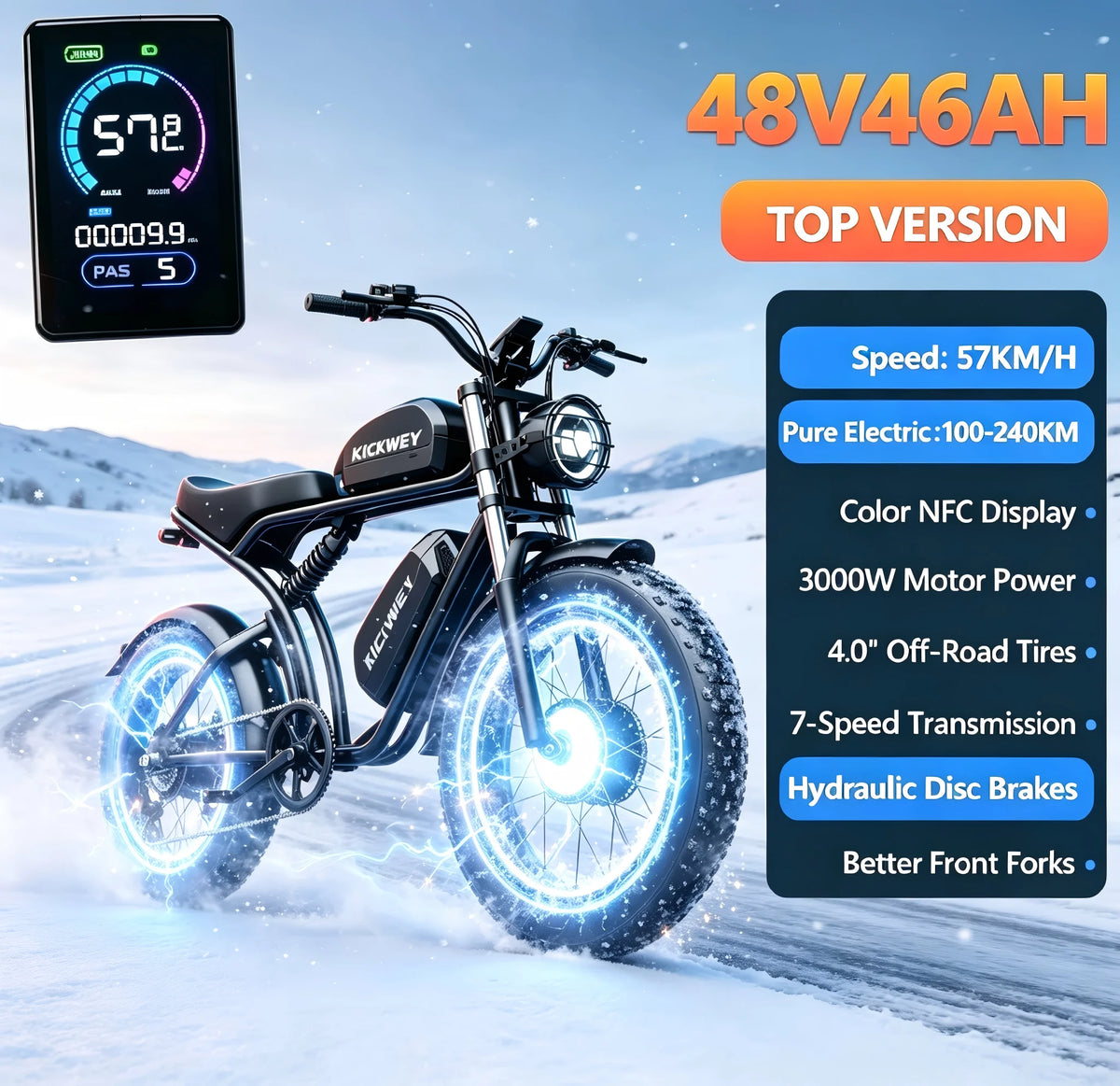 KICKWEY K7 3000W Dual Motor Electric Bike, 48V 23AH Long Range Full-Suspension Off-Road E-Bike, 7-Speed 20x4.0 Fat Tire All-Terrain Electric Bicycle for Mountain, Sand, Snow & Road