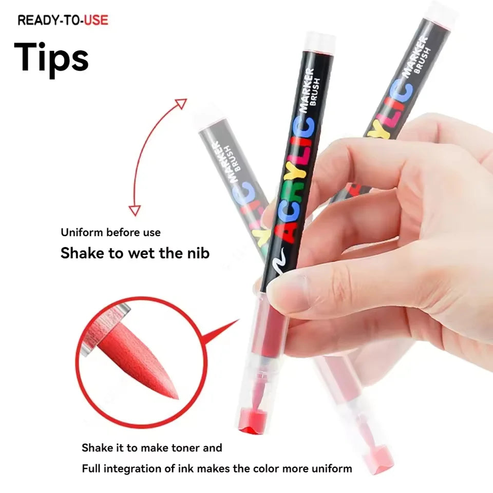 Acrylic Brush Marker Pen Set Free‑ink System Soft Flexible Tip Paint Markers for Rock Ceramic Glass Wood Canvas DIY Art Graffiti Drawing Craft Supplies