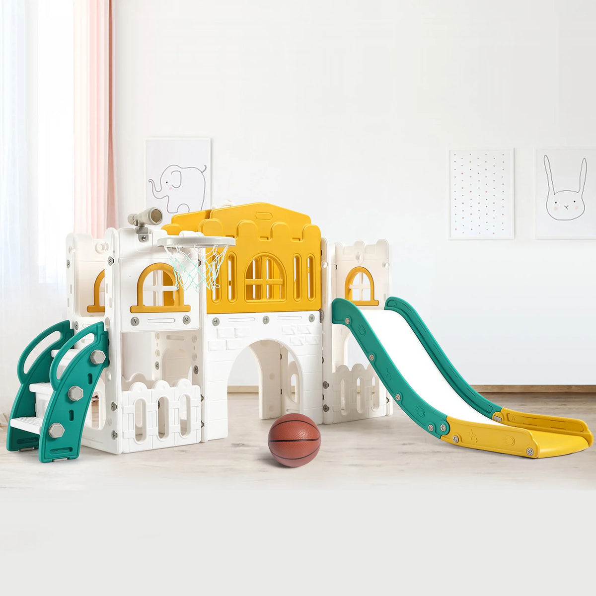 8In1 Toddler Slide Indoor Playground With Climber And Basketball Hoop