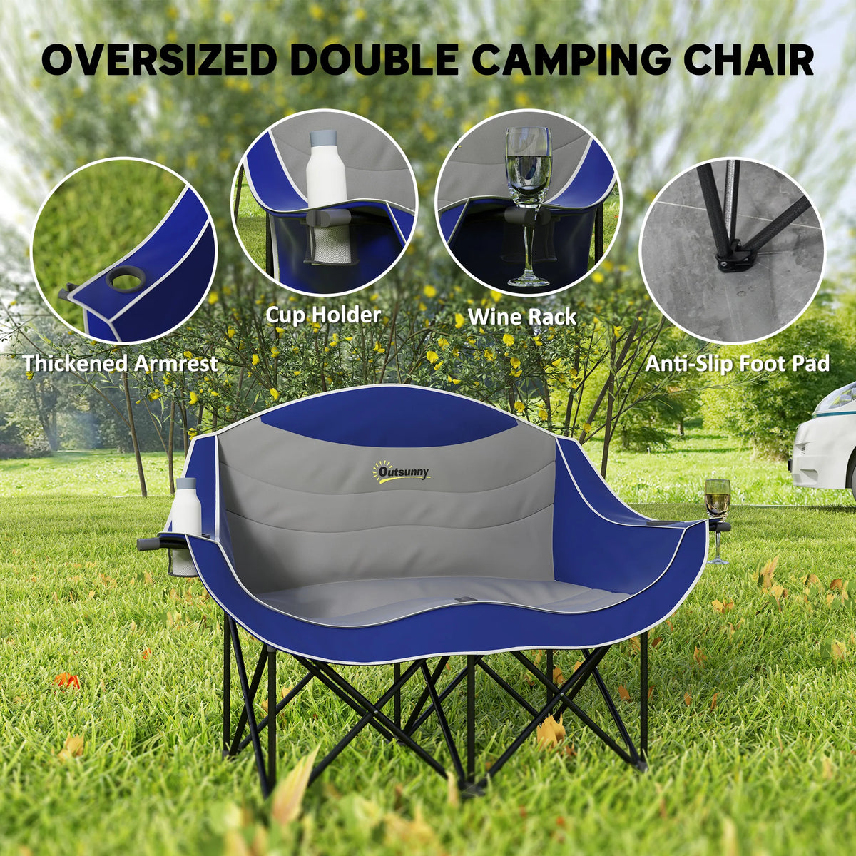Outsunny Double Camping Chair Padded Folding Outdoor Beach Seat