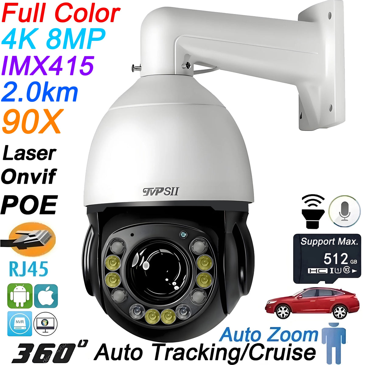 Laser Infrared Full Color Auto Tracking Cruise Real-Time 25fps 8MP 4K 90X Optical Zoom 360° Onvif POE PTZ IP Surveillance Speed Dome Camera