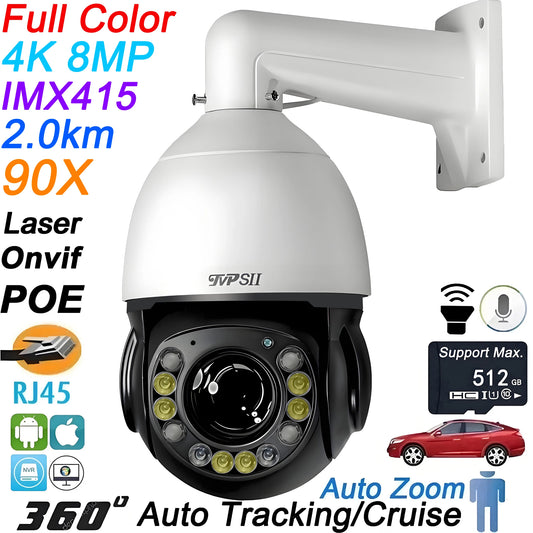 Laser Infrared Full Color Auto Tracking Cruise Real-Time 25fps 8MP 4K 90X Optical Zoom 360° Onvif POE PTZ IP Surveillance Speed Dome Camera
