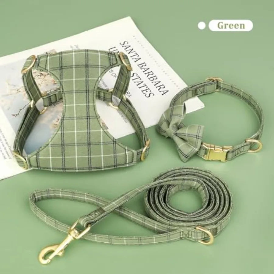 Adjustable Polyester Dog Harness Collar And Leash Set With Bowtie