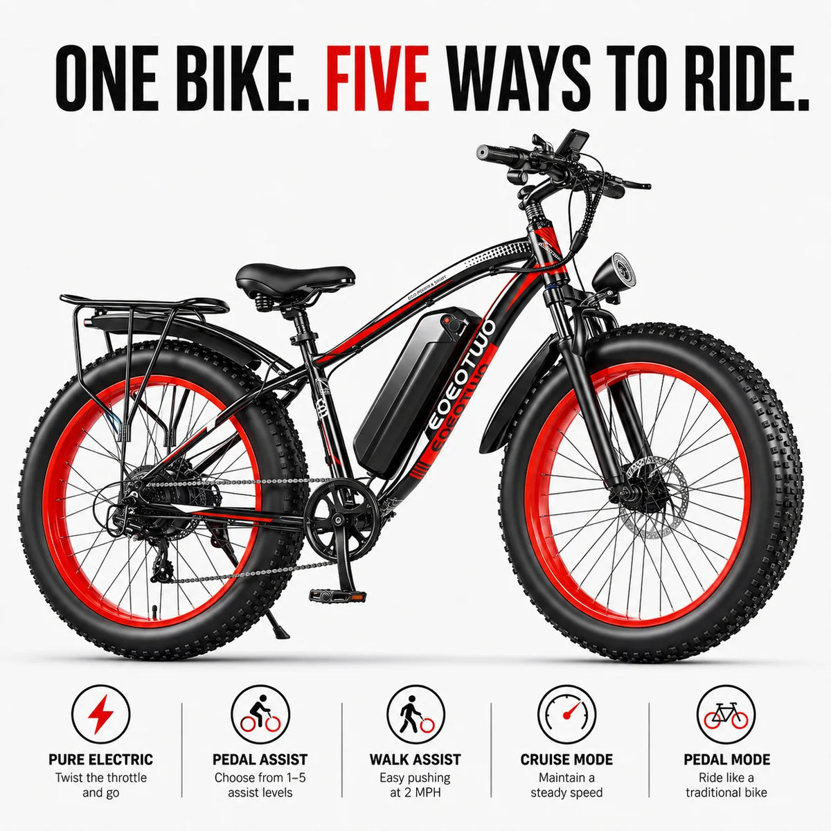 EOEOTWO Electric Bike for Adults, 26 Inch Fat Tire E-Bike, 1500W Peak, 48V 15Ah Removable Battery, 34MPH All Terrain Ebike