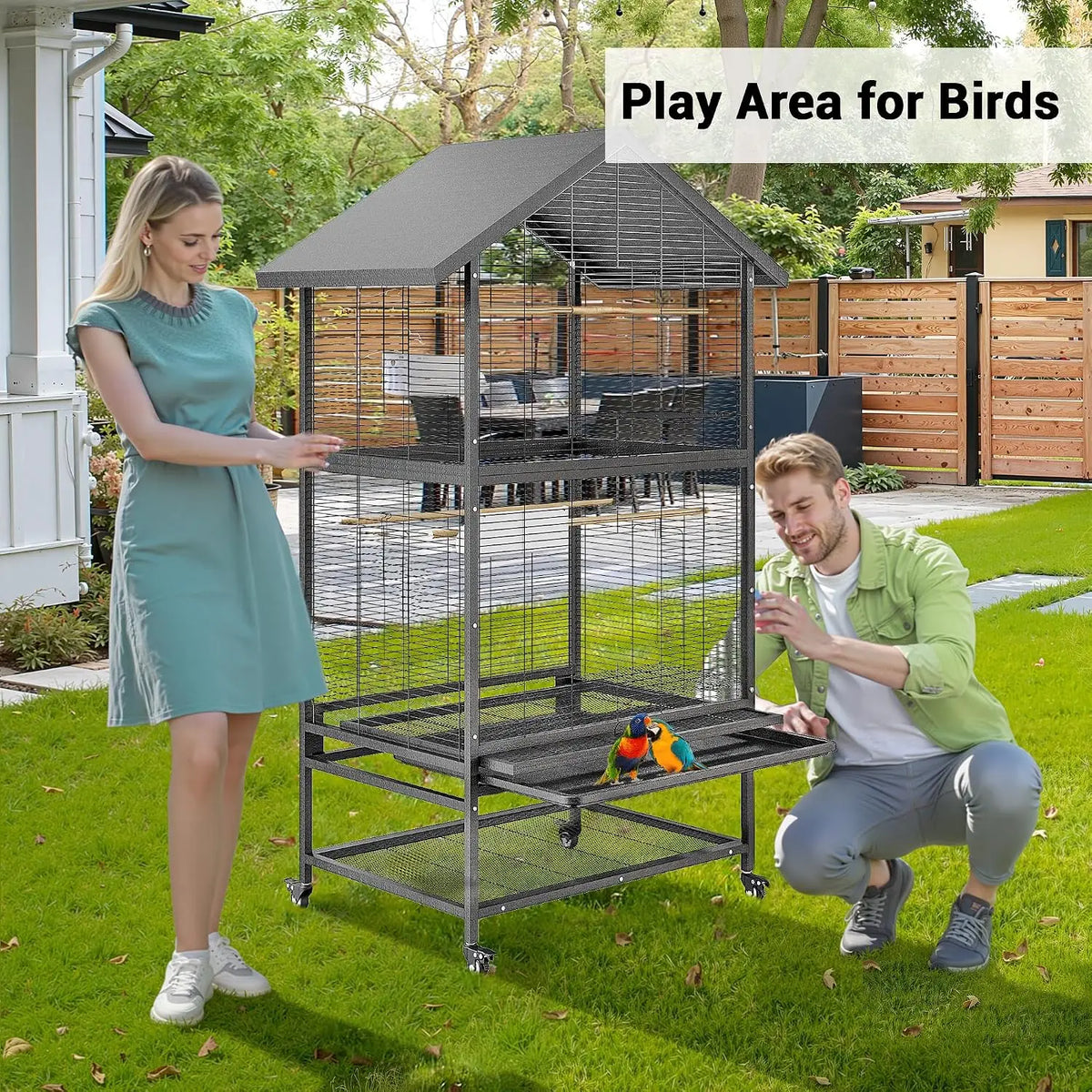 Large Wrought Iron Bird Cage With Rolling Stand And Perches